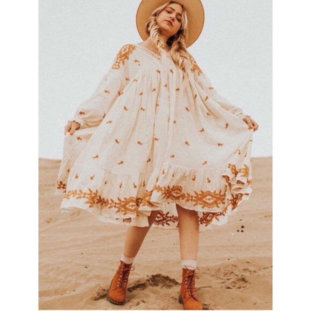 Free People Lavender Fields Dress L Ivory Embroidered Boho Crochet Midi Prairie